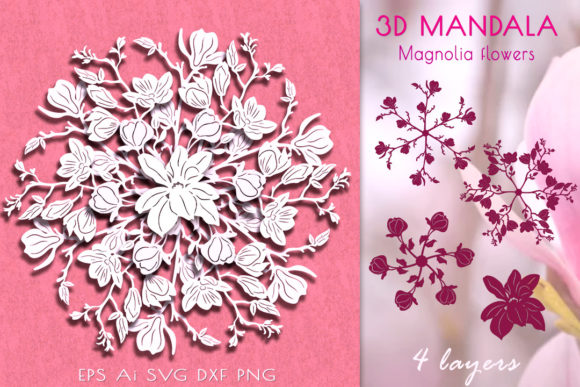 3D Mandala Magnolia Flowers. Cut Svg