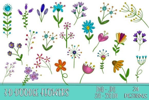 3D Shiny, Glossy Doodle Wildflowers Graphics for Crafts